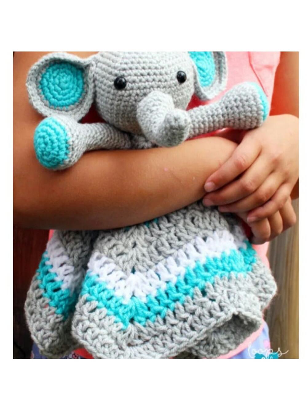 Hand Crochet Elephant Lovey for Baby-Child Gray White Turquoise
